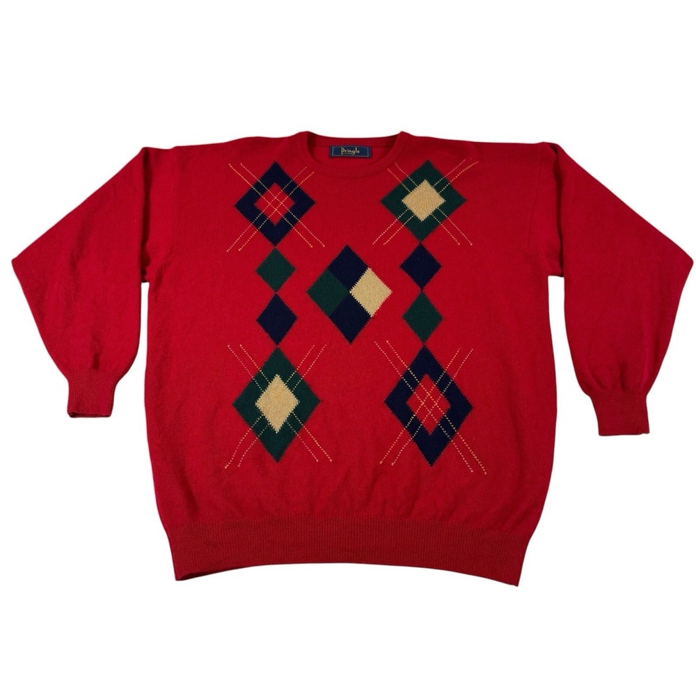 Vtg Pringle Scotland Argyle Jumper Mens L Red Wool Crew Neck‎ Vintage Sweater